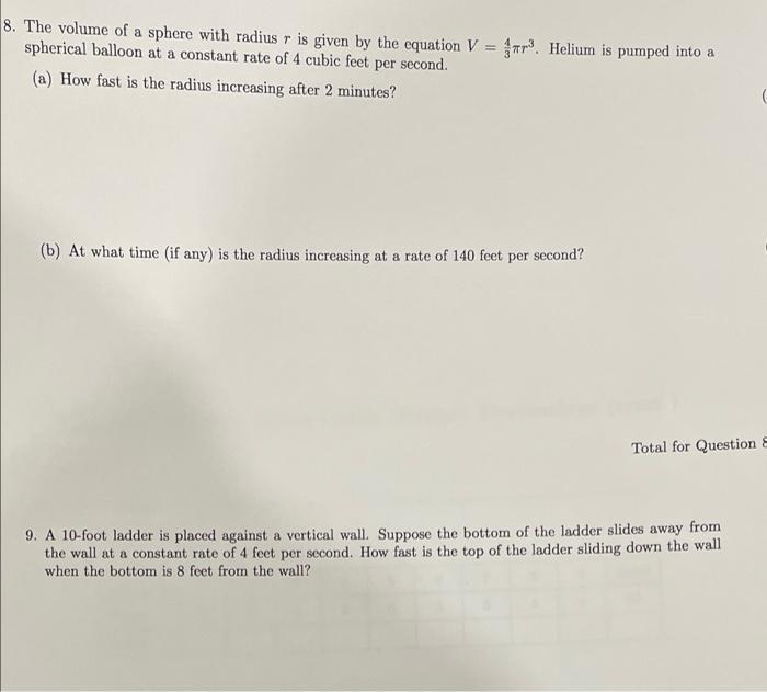 Solved 8. The volume of a sphere with radius r is given by | Chegg.com