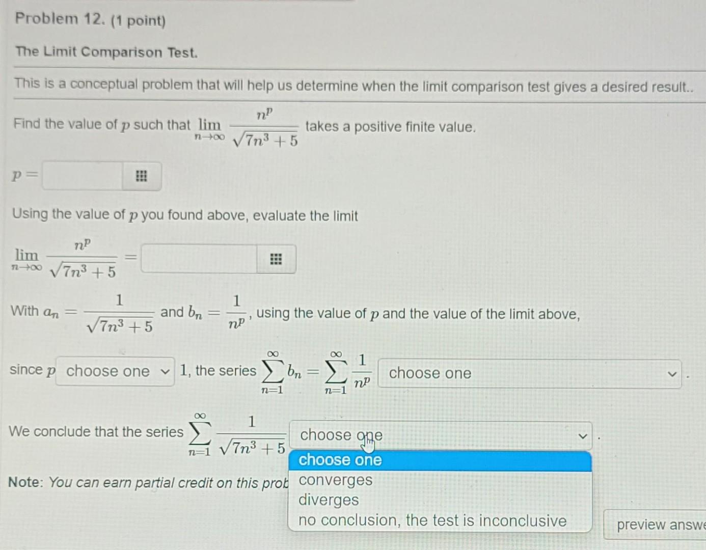 Solved Problem 12. (1 point) The Limit Comparison Test. This | Chegg.com