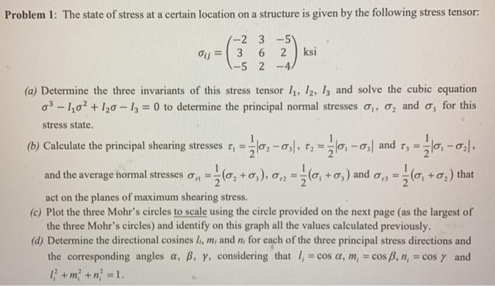 Solved Problem 1: The state of stress at a certain location | Chegg.com