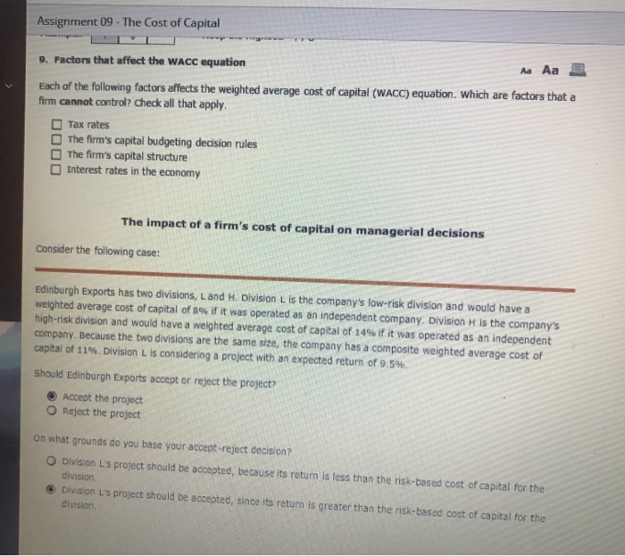 Solved Assignment 09 - The Cost of Capital 9. Factors that | Chegg.com