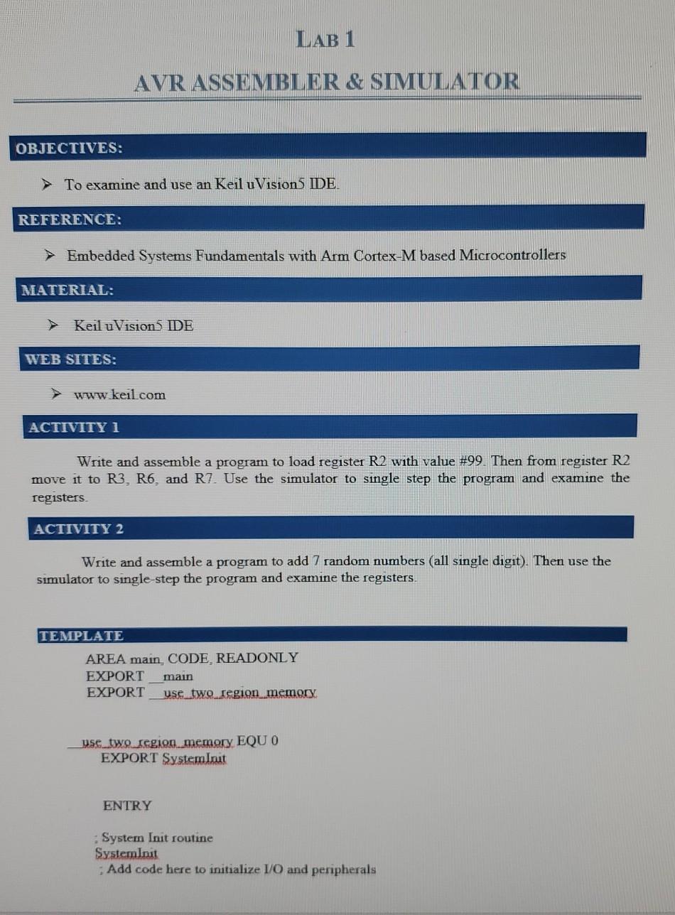 Solved LAB 1 AVR ASSEMBLER & SIMULATOR OBJECTIVES: To | Chegg.com