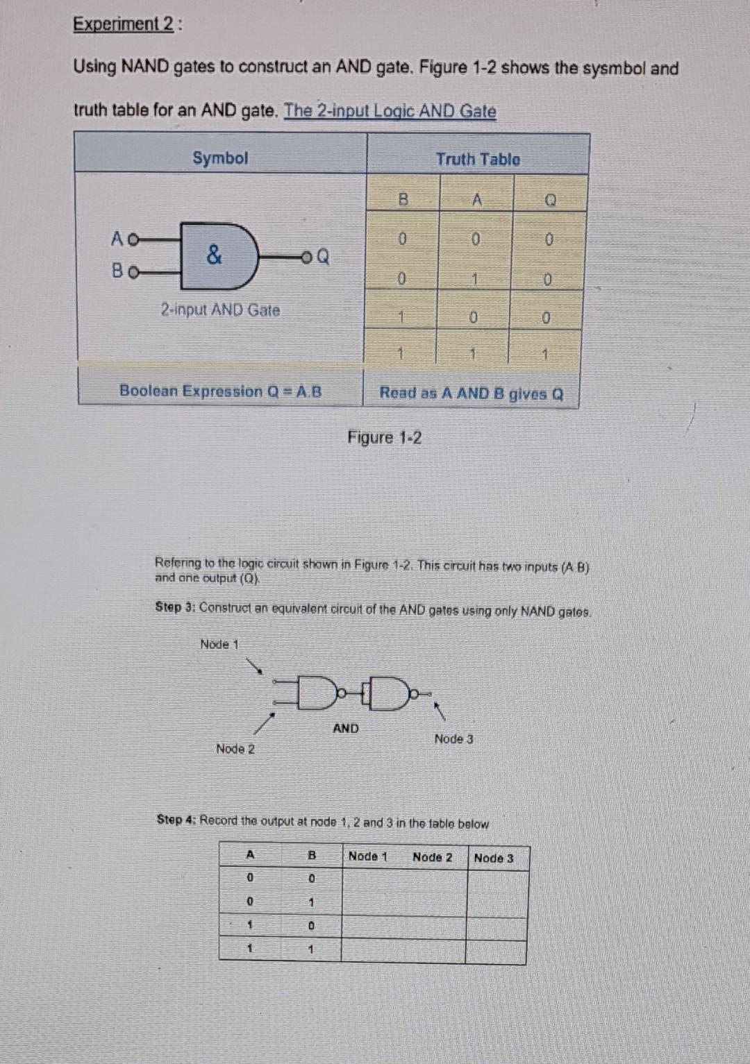 Experiment 2:
Using NAND gates to construct an AND gate. Figure 1-2 shows the sysmbol and truth table for an AND gate. The 2-