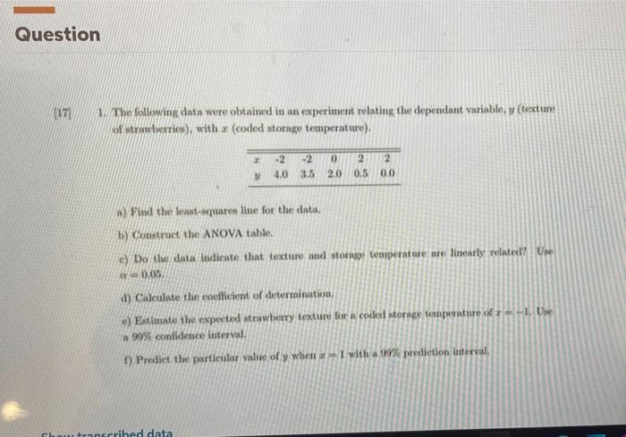 Solved Question The following data were obtained in an | Chegg.com