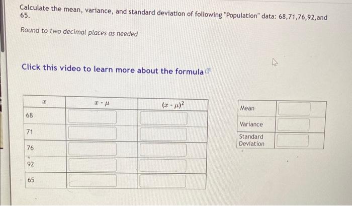 calculate arithmetic mean variance and standard deviation of the following data