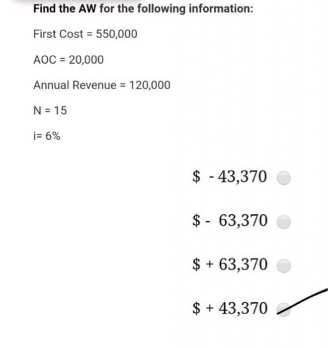 Solved Find The AW For The Following Information: First Cost | Chegg.com