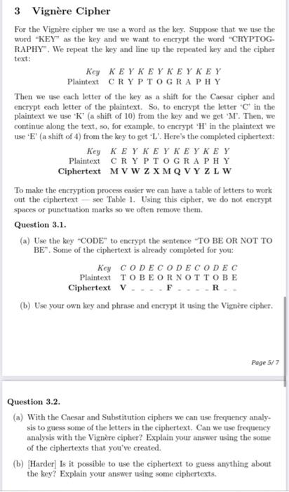 Solved 3 Vignère Cipher For the Vignère cipher we use a word | Chegg.com