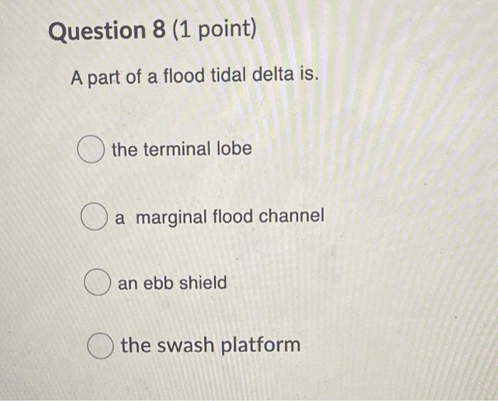 Solved Question 8 (1 point) A part of a flood tidal delta | Chegg.com