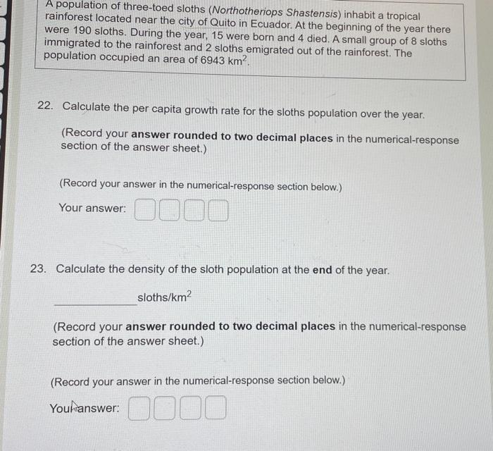 Solved A population of three-toed sloths (Northotheriops | Chegg.com