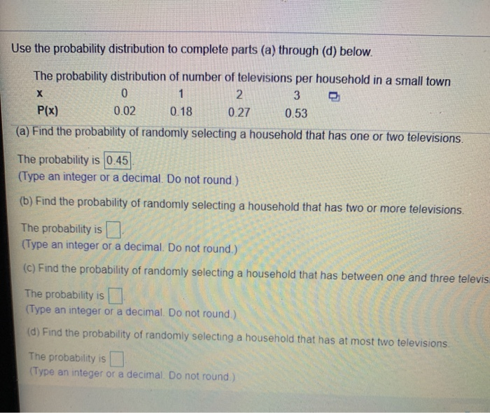 Solved Use the probability distribution to complete parts | Chegg.com