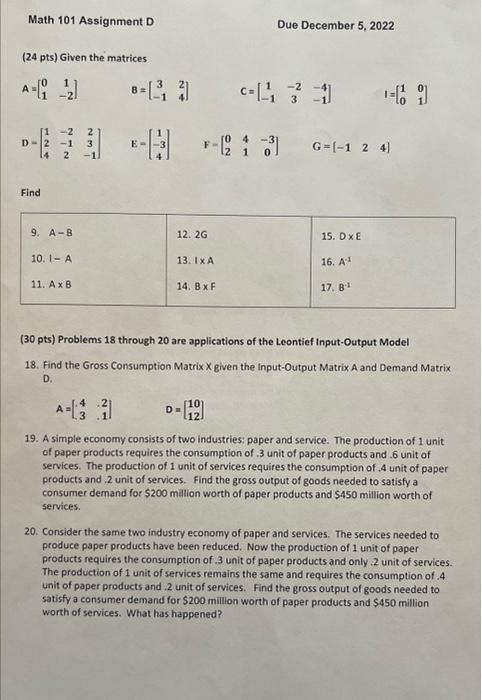 Solved Math 101 Assignment D Due December 5, 2022 Assignment | Chegg.com