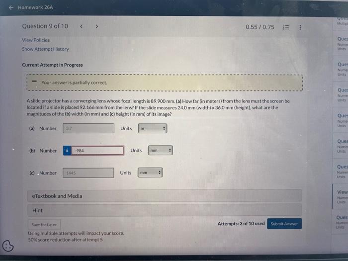 A slide projector has a converging lens whose focal