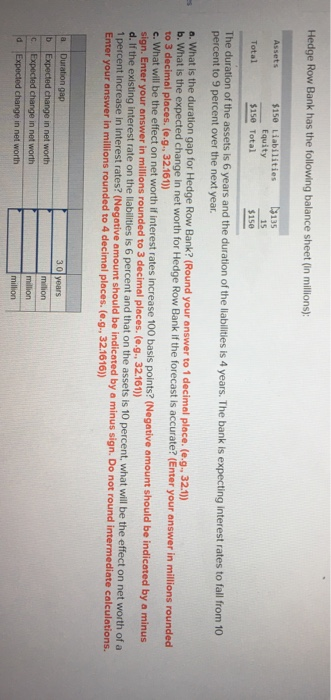 Solved Hedge Row Bank has the following balance sheet in Chegg