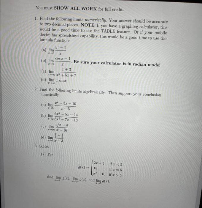 Solved You must SHOW ALL WORK for full credit. 1. Find the | Chegg.com