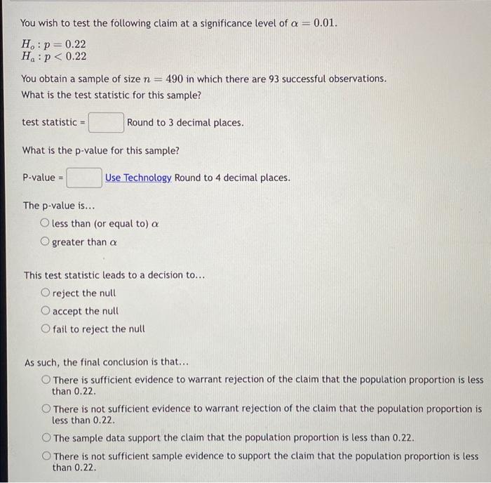 Solved You wish to test the following claim at a | Chegg.com