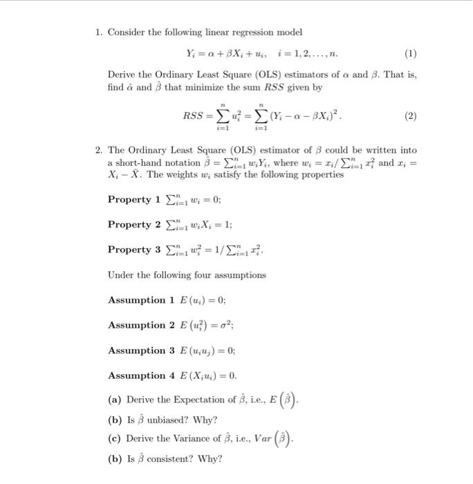 Solved 1 Consider The Following Linear Regression Model 9613