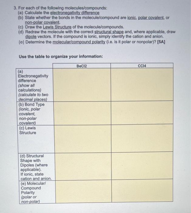 Solved 3. For each of the following molecules/compounds: (a) | Chegg.com