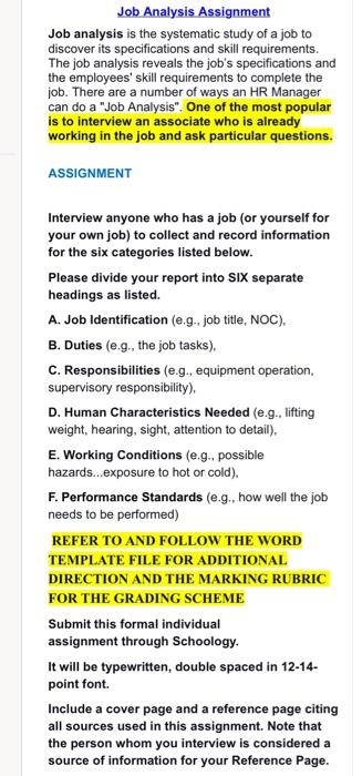 Solved Job Analysis Assignment Job analysis is the | Chegg.com
