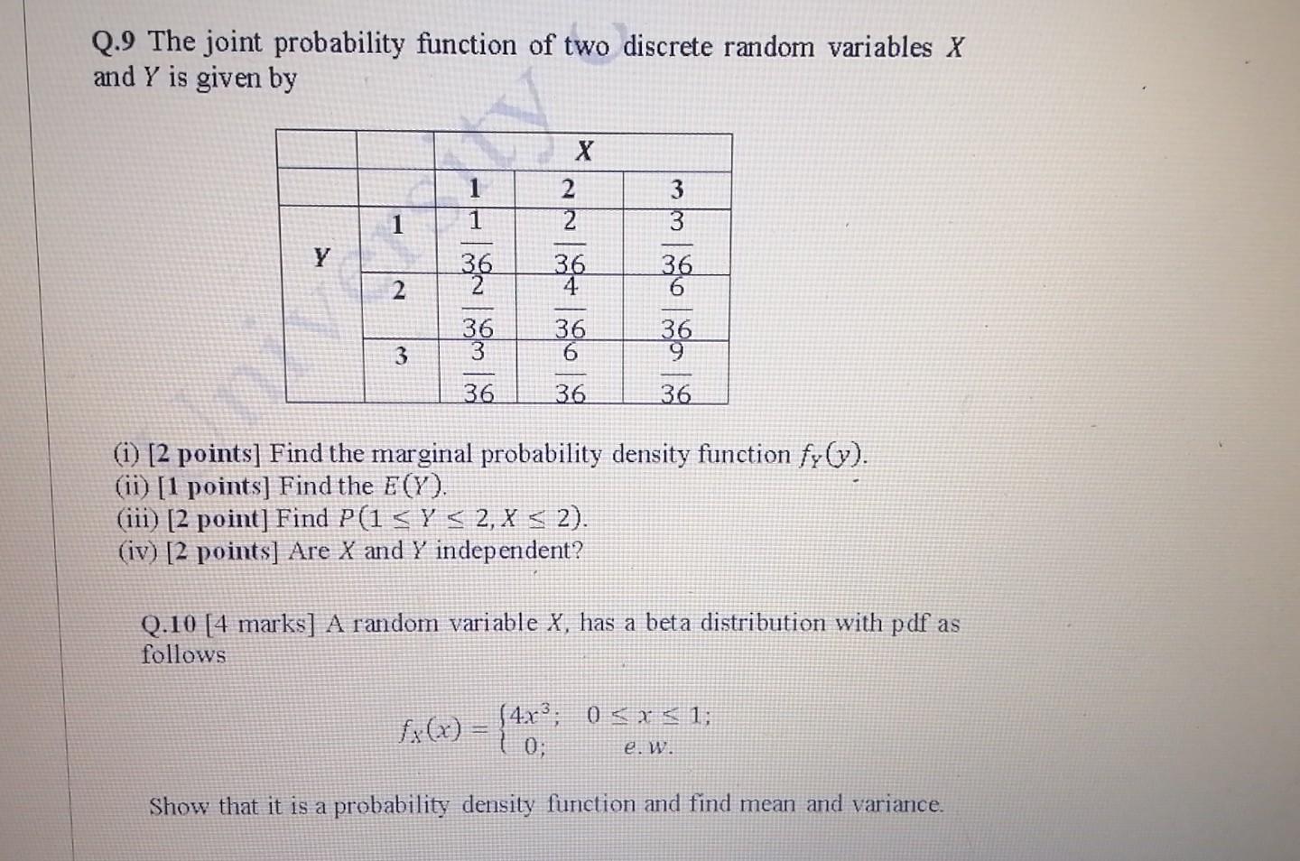 Solved Q.9 The joint probability function of two discrete | Chegg.com