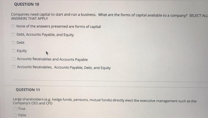 Solved QUESTION 10 Companies need capital to start and run a | Chegg.com