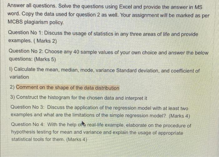 Solved Answer all questions. Solve the questions using Excel | Chegg.com