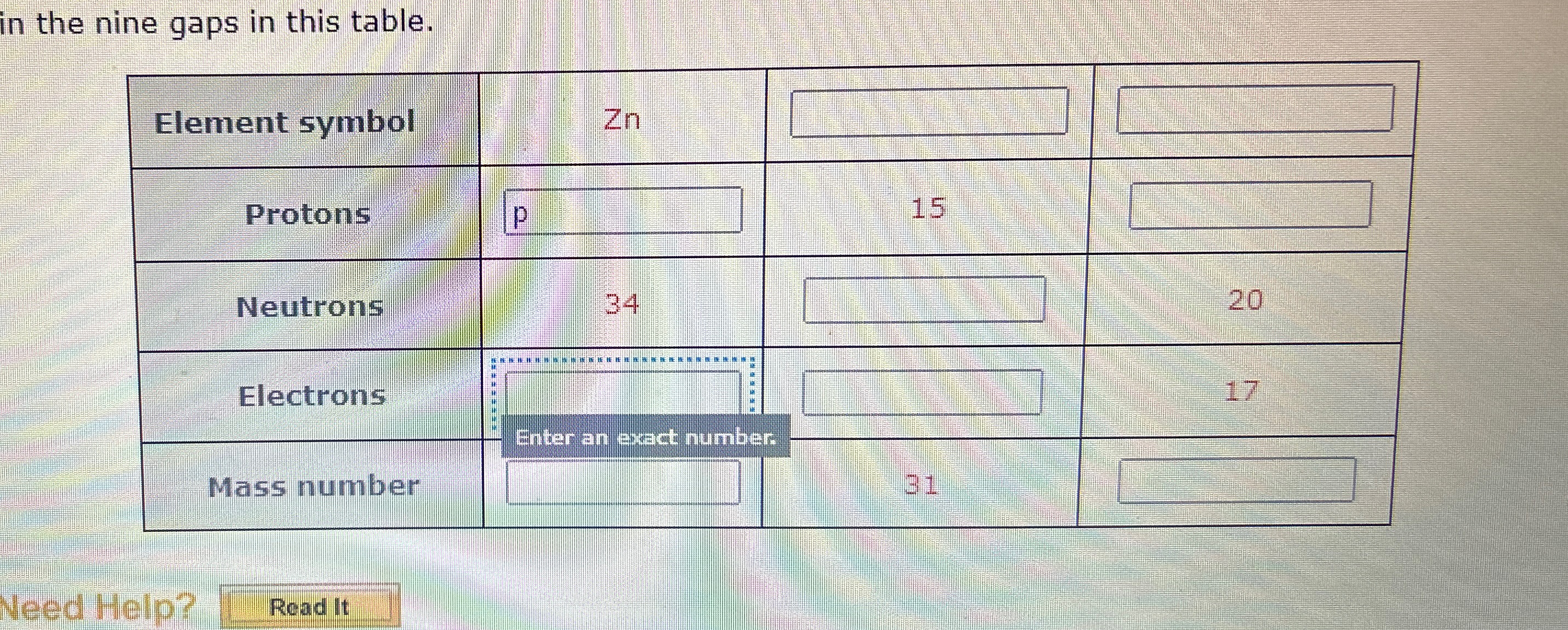 Solved in the nine gaps in this table.\table[[Element | Chegg.com