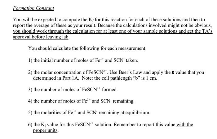 Formation Constant You will be expected to compute | Chegg.com