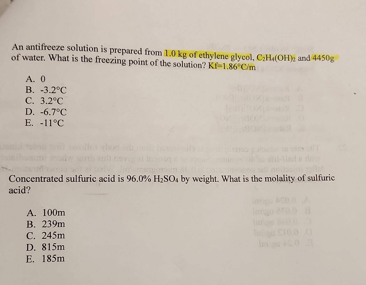 Solved An antifreeze solution is prepared from 1.0 kg of Chegg