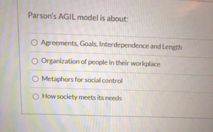 Solved Parson's AGIL model is about: O Agreements, Goals, | Chegg.com