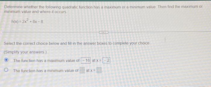 minimum or maximum value of the quadratic function calculator