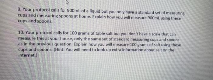 Solved ho 9. Your protocol calls for 900mL of a liquid but | Chegg.com