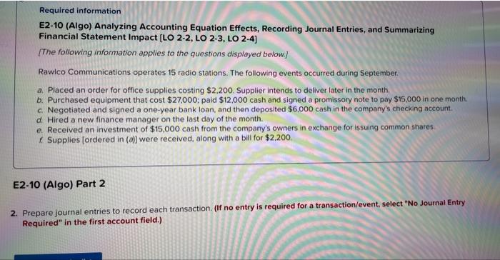 Solved Required information E2-10 (Algo) Analyzing | Chegg.com