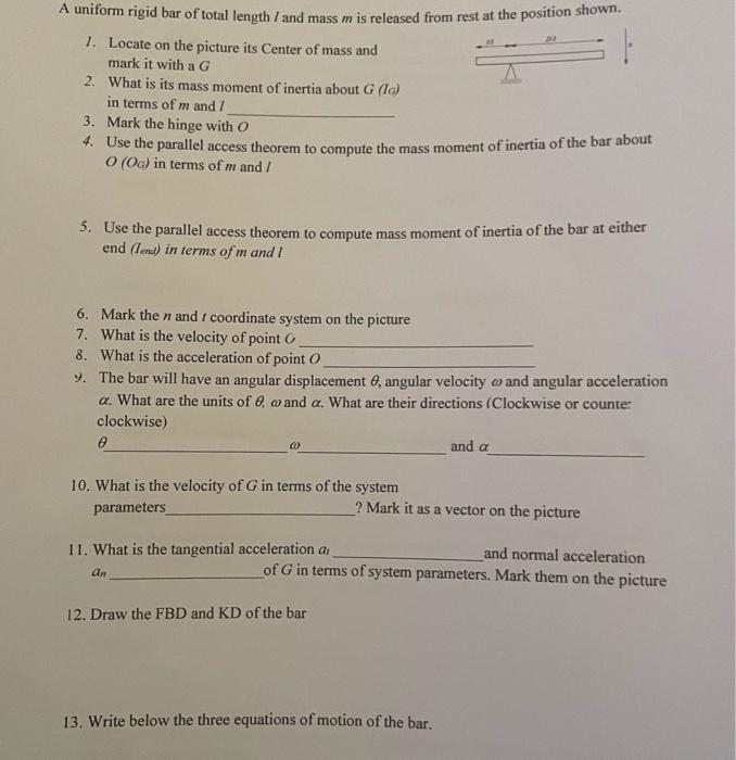 5. Use the parallel access theorem to compute mass moment of inertia of the bar at either end (Iend) in terms of \( m \) and 