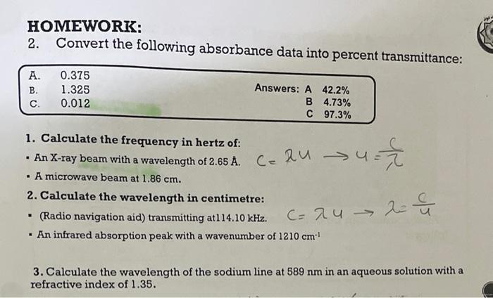 Solved Homework 2 Convert The Following Absorbance Data 