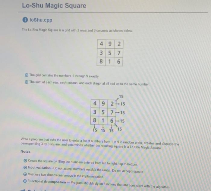 Solved The Lo Shu Magic Square is a grid with 3 tows and 3 | Chegg.com