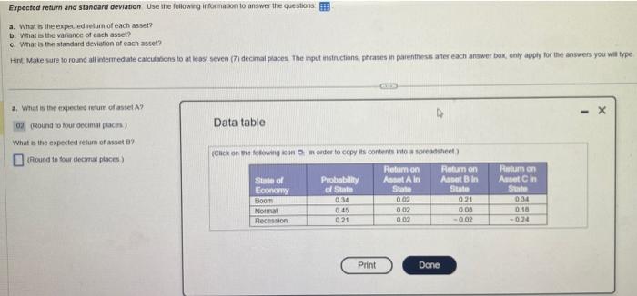 Solved Expected return and standard deviation Use the | Chegg.com