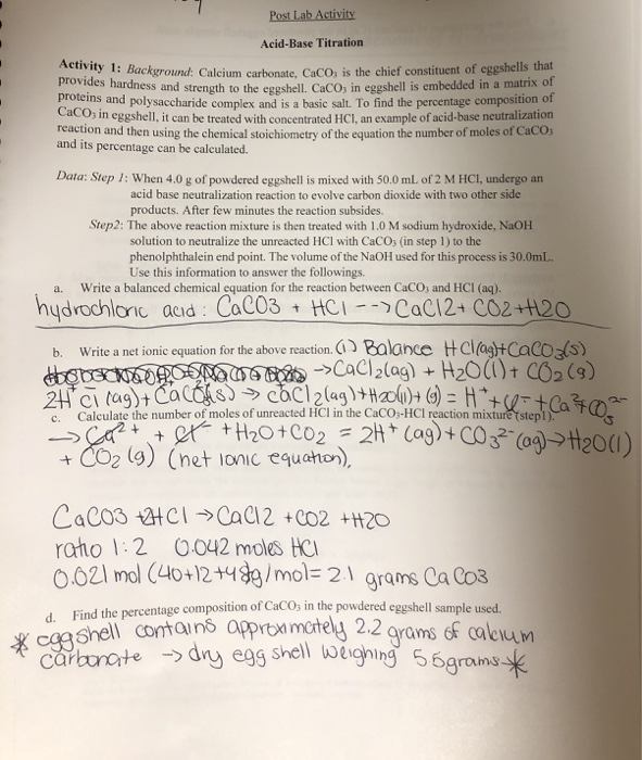 Solved Post Lab Activity Acid-Base Titration Activity 1: | Chegg.com