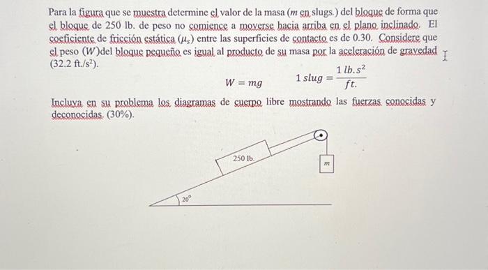 Para la figura que se muestca determine el valor de la masa ( \( m \) en, slugs.) del bloque de forma que el bloque de \( 250