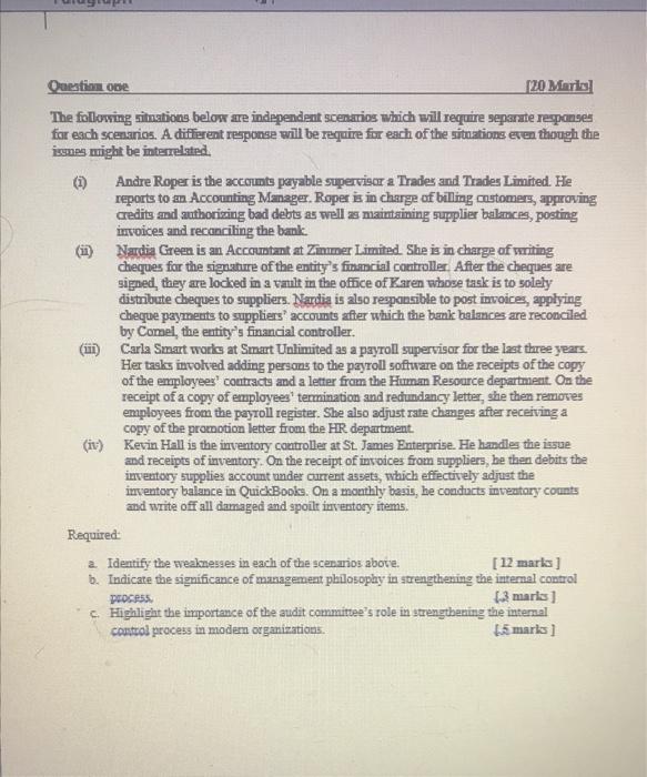 Question one [20 Marks] The following situations | Chegg.com