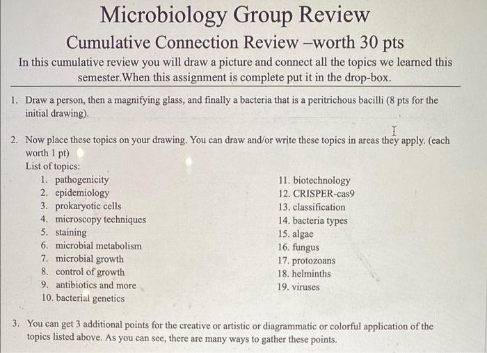 Microbiology Group Review
Cumulative Connection Review -worth 30 pts
In this cumulative review you will draw a picture and co