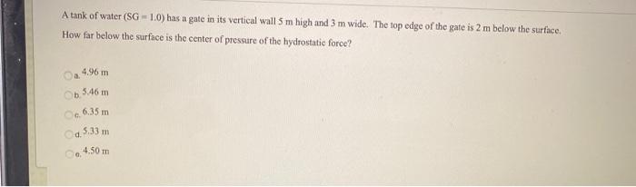 Solved A tank of water (SG = 1.0) has a gate in its vertical | Chegg.com