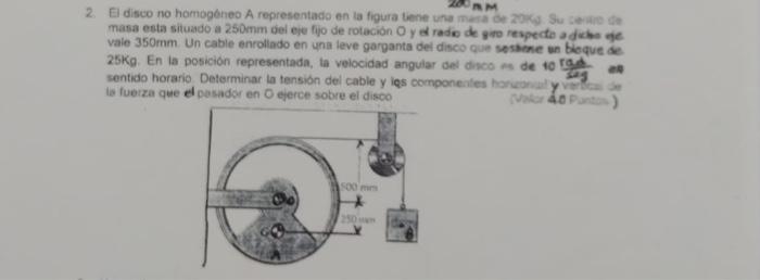 2. El disco no homogéneo A representado en la figura tiene una masa de 20Kg Su centro de masa esta situado a 250mm del eje fi