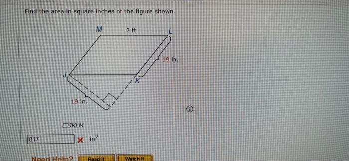 Solved Find the area in square inches of the figure shown. M | Chegg.com