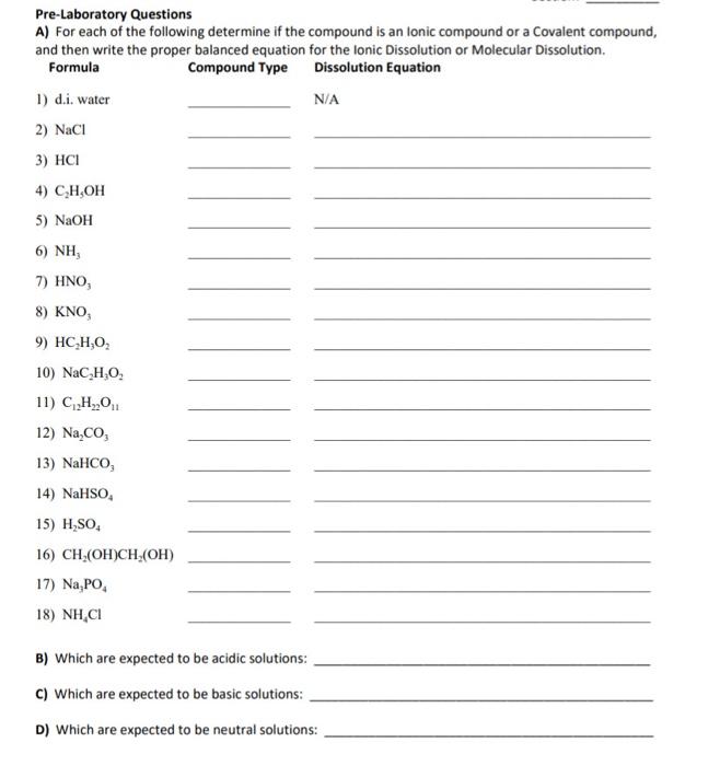 Solved Pre-Laboratory Questions A) For each of the following | Chegg.com