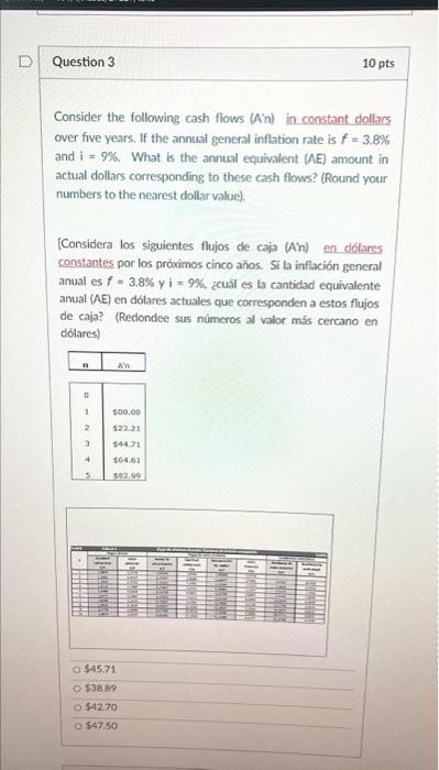 Consider the following cash flows (An) in constant dollars over five years. If the annual general inflation rate is \( f=3.8