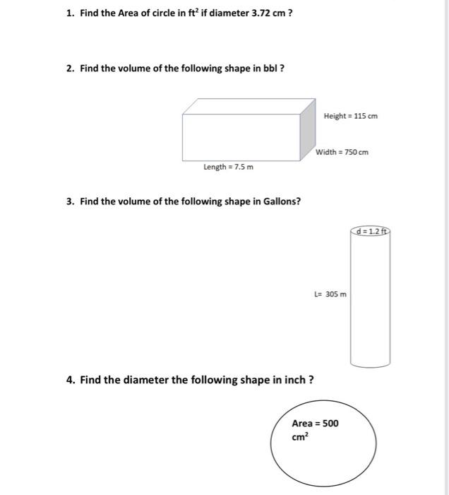 Solved 1 Find The Area Of Circle In Ft If Diameter 3 72 Cm Chegg Com