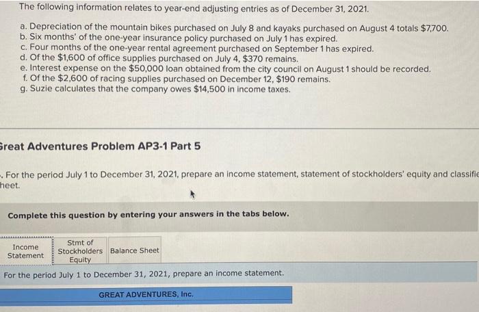 Solved Great Adventures Problem AP3-1 The following | Chegg.com