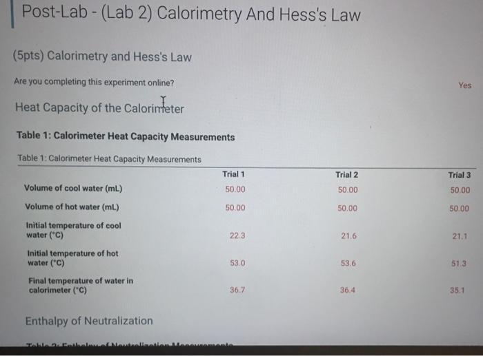 Solved PostLab (Lab 2) Calorimetry And Hess's Law (5pts)