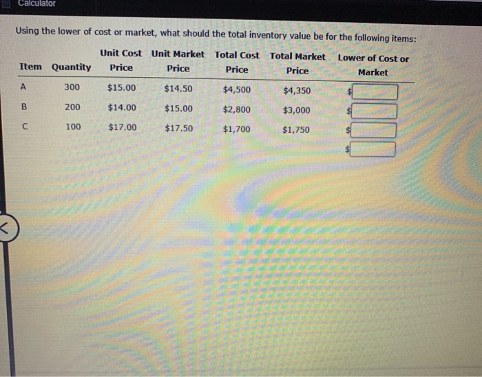 Solved using the lower cost or market, what should the total