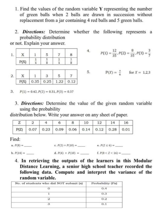 Solved 1. Find the values of the random variable Y | Chegg.com