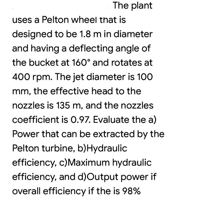 The plant
uses a Pelton wheel that is
designed to be 1.8 m in diameter
and having a deflecting angle of
the bucket at 160° an